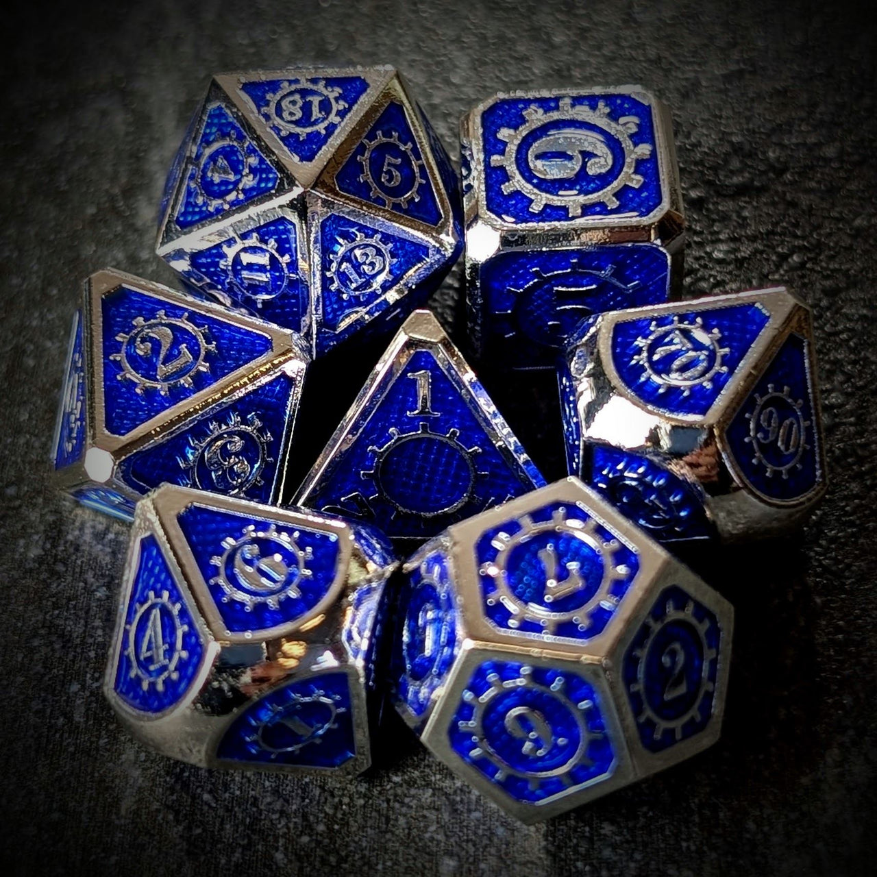 Gear in Blue Enamel Silver Metal - 7pcs RPG Dice Set