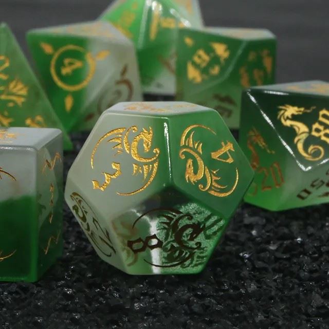 Dragon on Green and White Glass - 7pcs RPG Dice Set