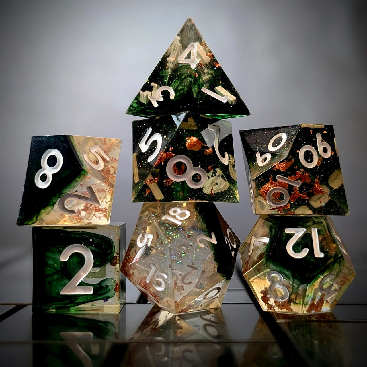 Green Swirl in Black & Clear with Copper Foil Sharp Resin - 7pcs RPG Dice Set