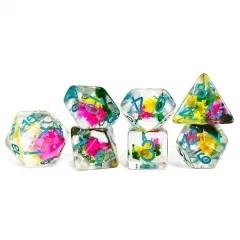 7pcs Dice Resin Filled Blue Font Flowers Pink Yellow