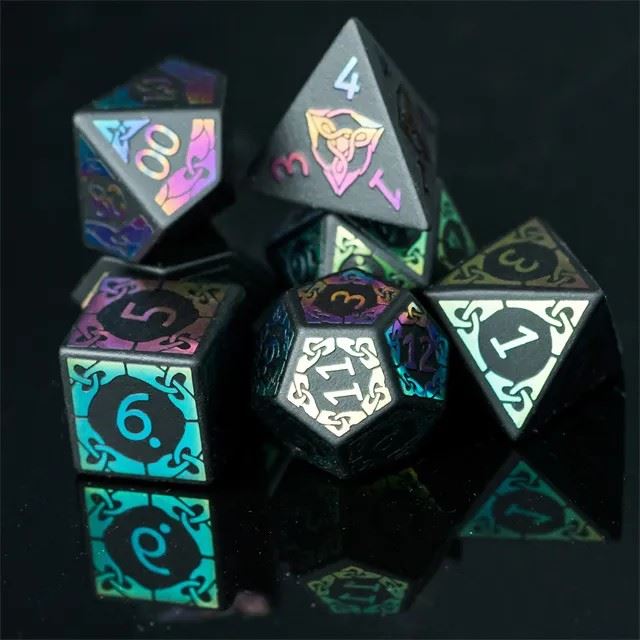 Celtic Knot on Black Obsidian Gemstone - 7pcs RPG Dice Set