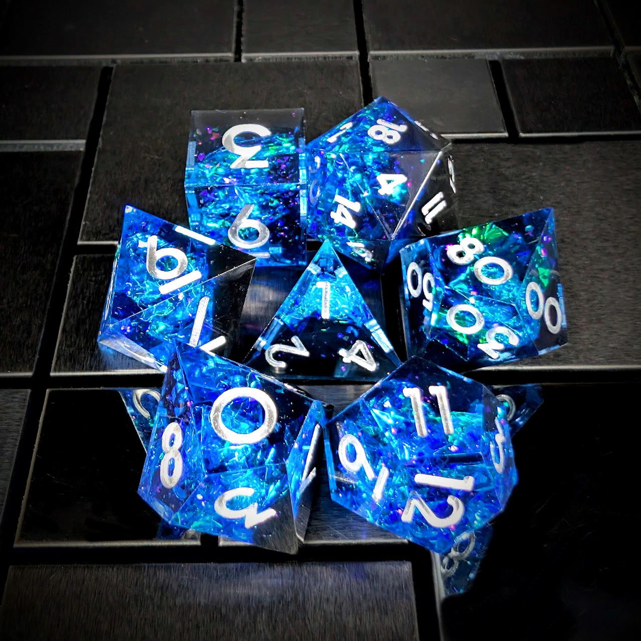 7pcs Dice Sharp Candy Silver Font Blue Black
