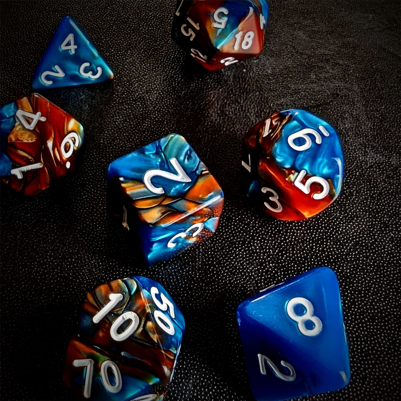 Blend of Orange & Blue Acrylic - 7pcs RPG Full Dice Set Scatter