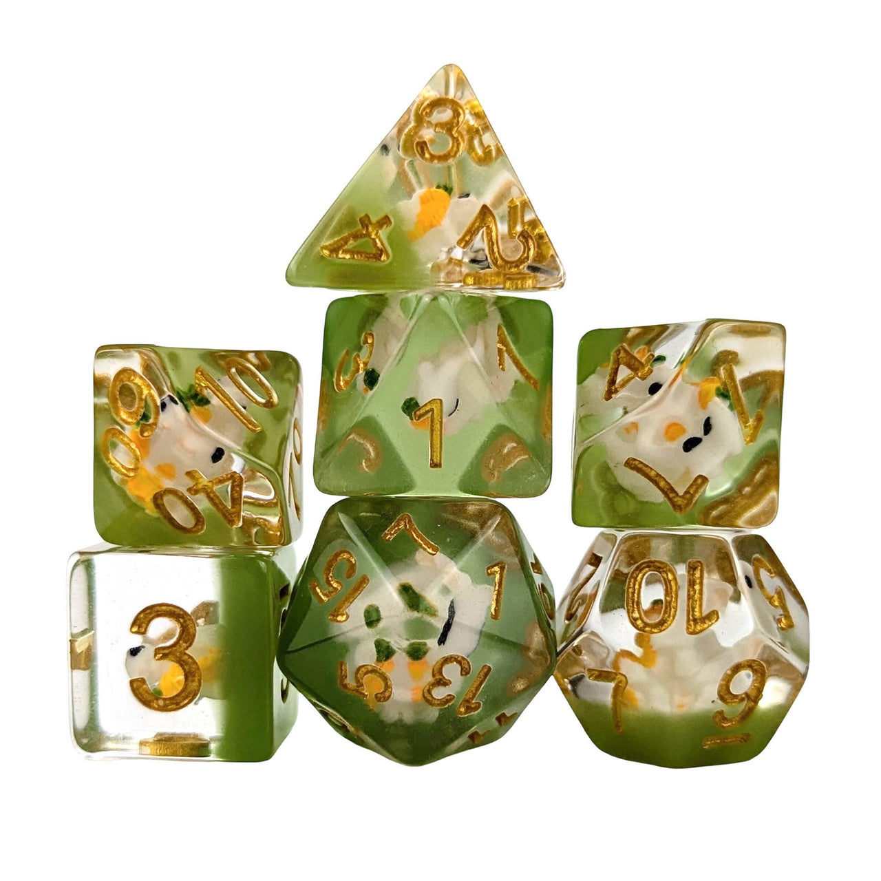 Rabbit in Clear & Green Resin - 7pcs RPG Full Dice Set