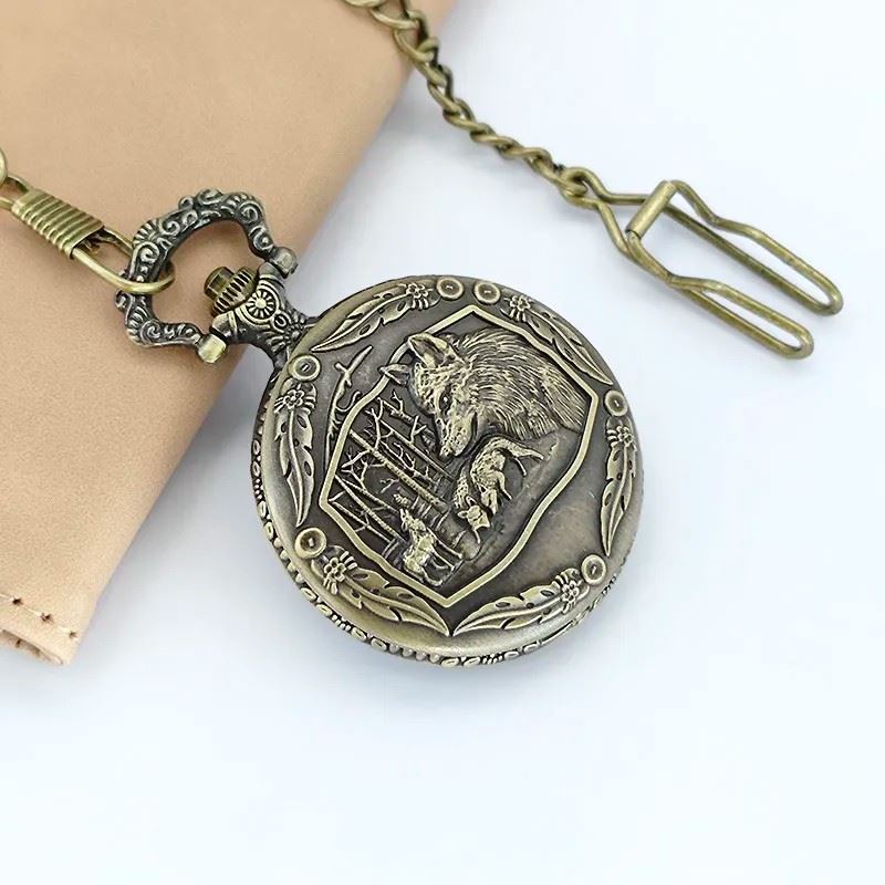 Wolf on Bronze Pocket Watch with Mini Dice - Pendant