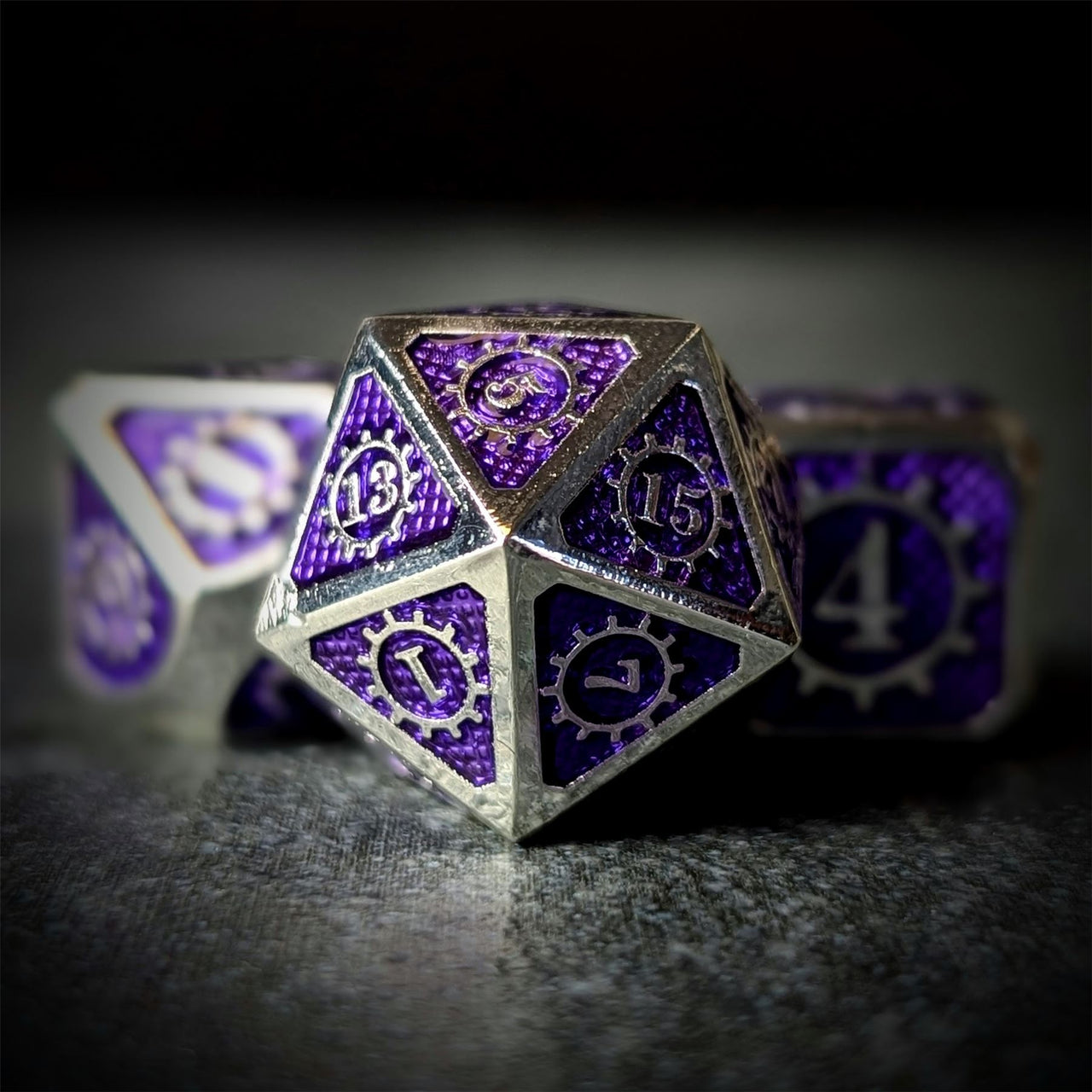 Gear in Purple Enamel Silver Metal - 7pcs RPG Dice Set