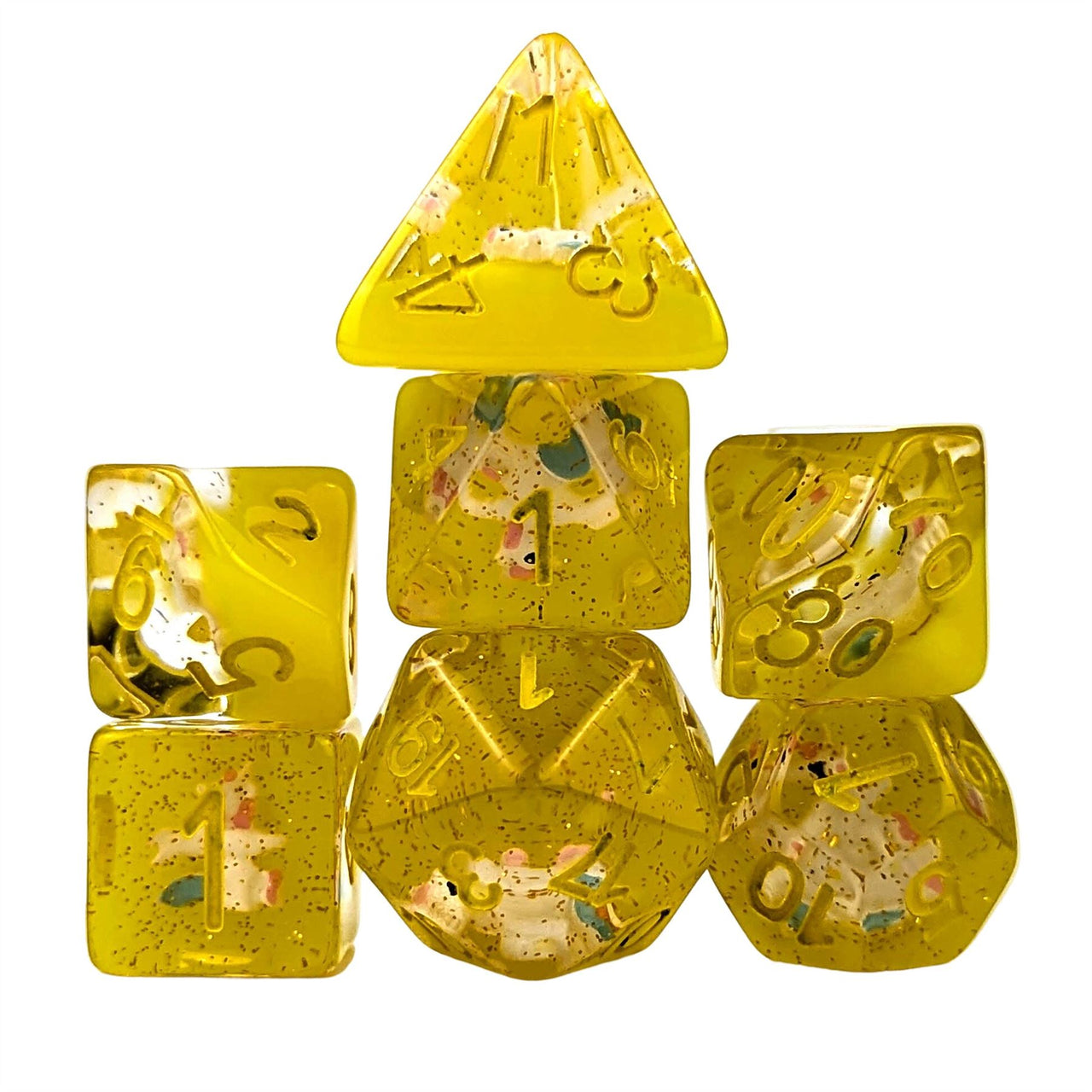 Unicorn in Clear & Yellow Resin - 7pcs RPG Full Dice Set