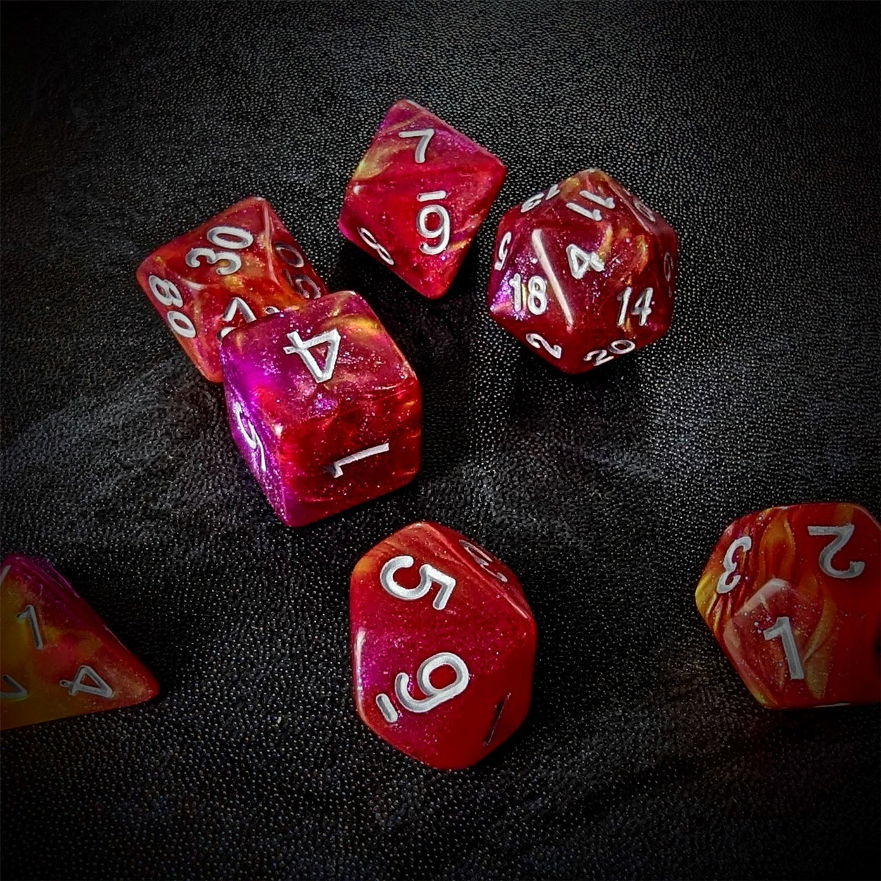 Glitter in Pink & Yellow Acrylic - 7pcs RPG Full Dice Set Scatter