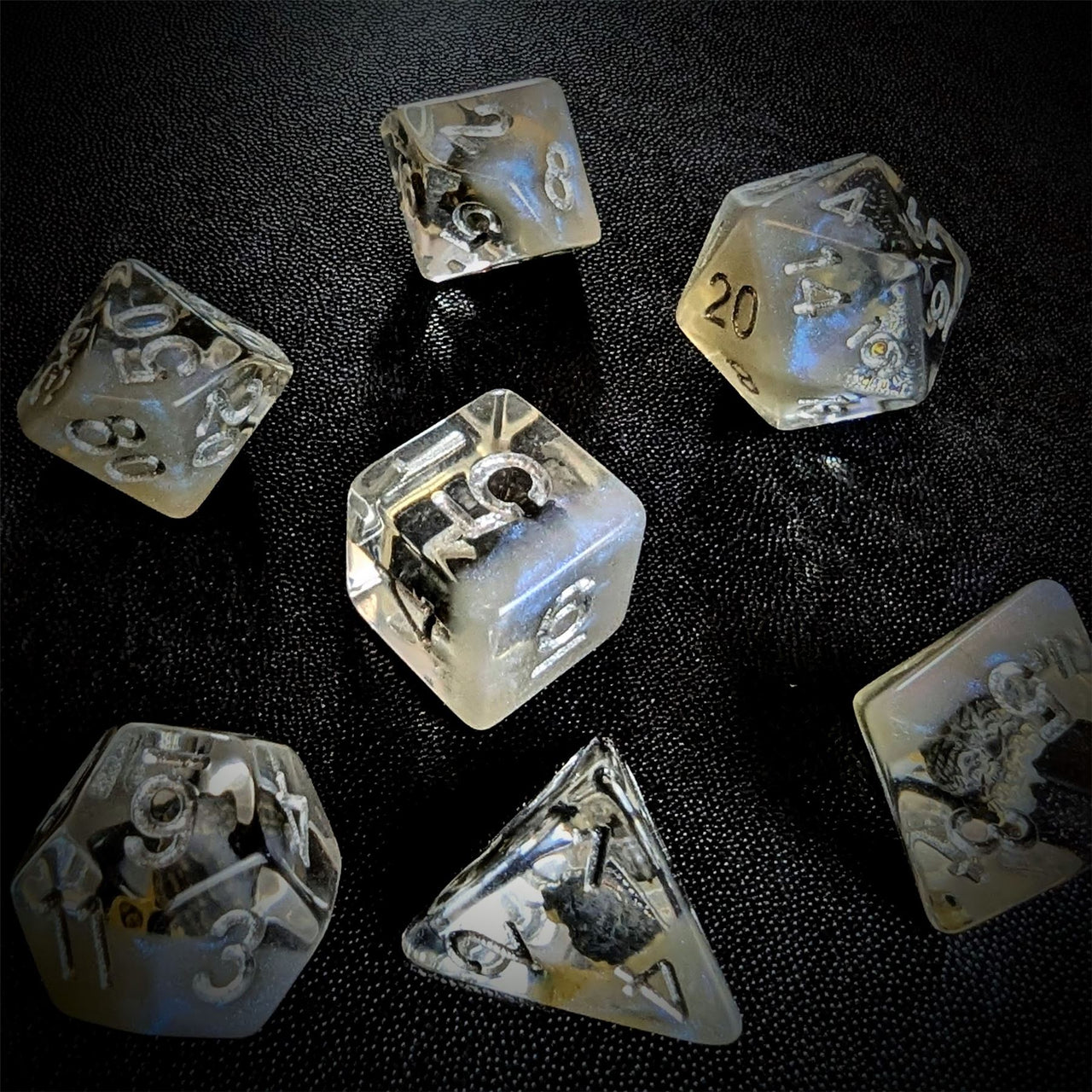 Owl in Clear & Grey Resin - 7pcs RPG Full Dice Set