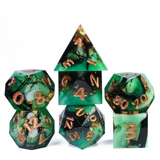 Swirl & Foil in Black & Green Sharp Resin - 7pcs RPG Dice Set