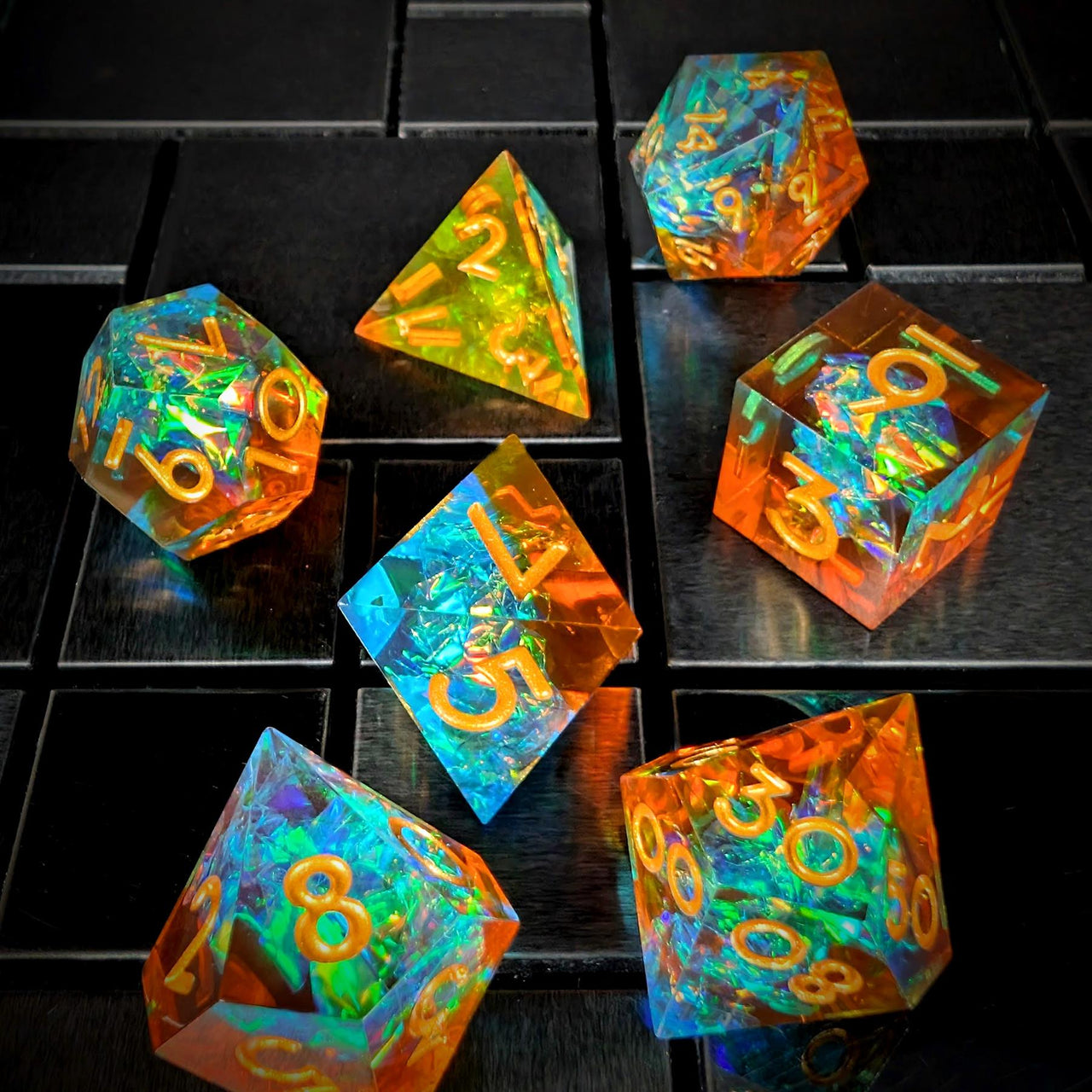 Candy in Cyan & Orange Sharp Resin - 7pcs RPG Dice Set