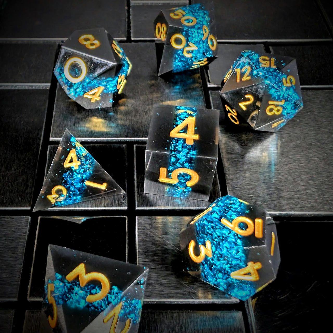 Blue Band in Black Filled Sharp Resin - 7pcs RPG Dice Set