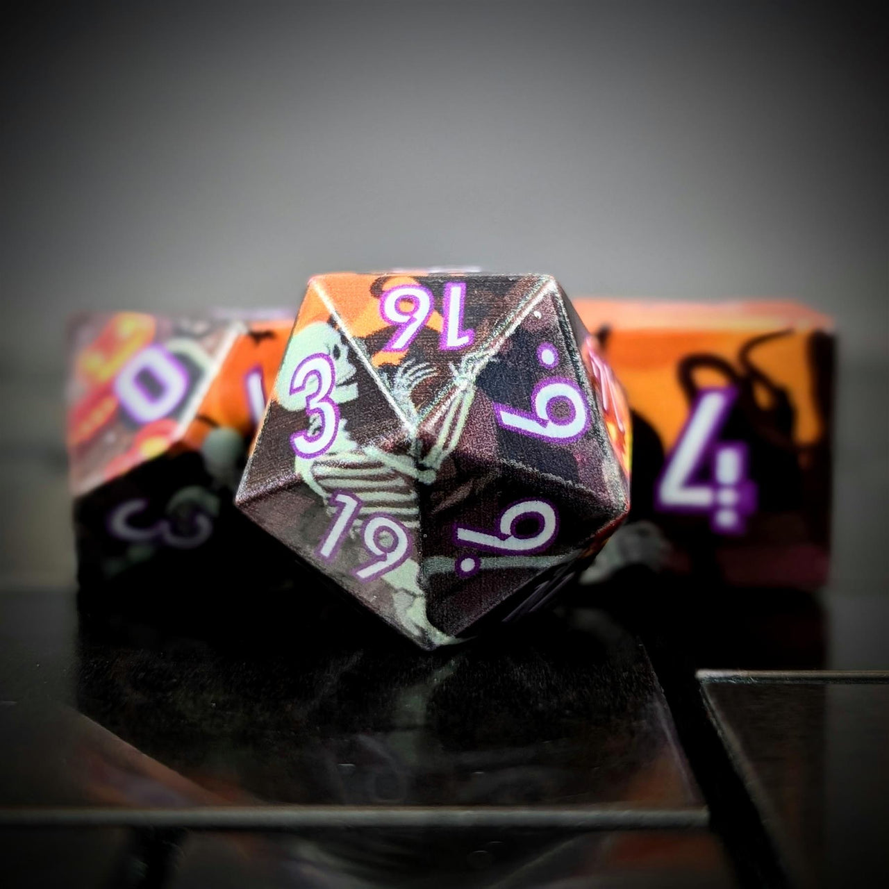 7pcs Dice Sharp Filled Skeleton White Purple Font Black Orange