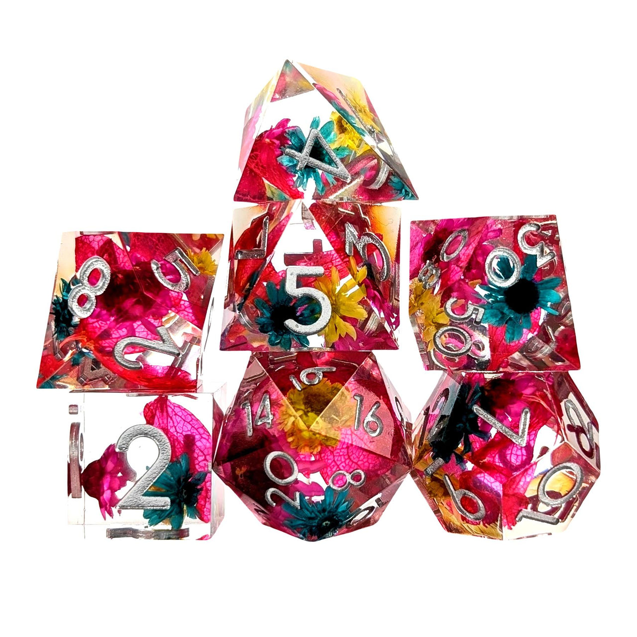 7pcs Dice Sharp Filled Flower Silver Font Clear Pink