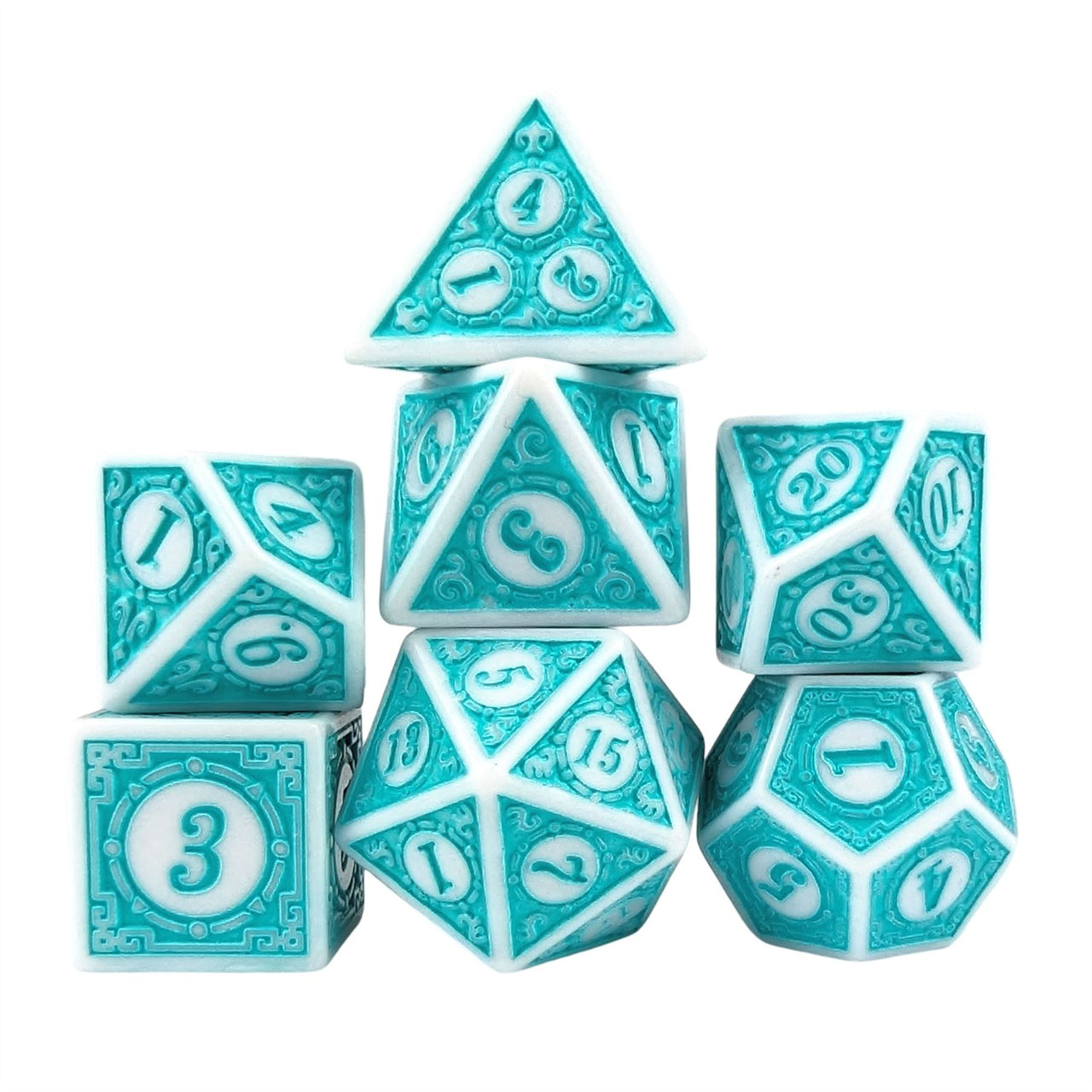 Cyan Lattice on White Acrylic - 7pcs RPG Full Dice Set White Stack