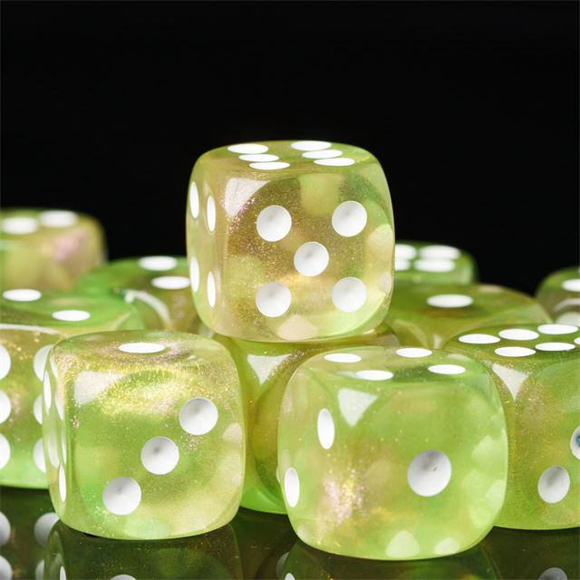 16mm Yellow & Green Acrylic with Glitter - 6pcs D6 RPG Dice Set