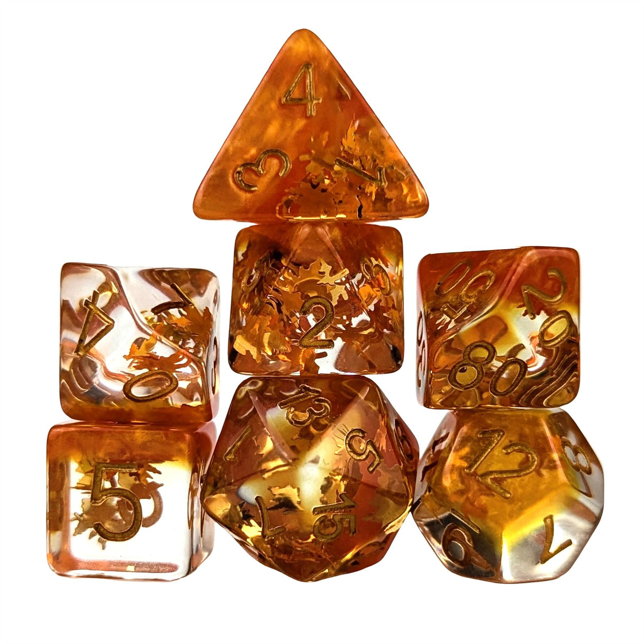 Leaves in Clear & Orange Resin - 7pcs RPG Full Dice Set