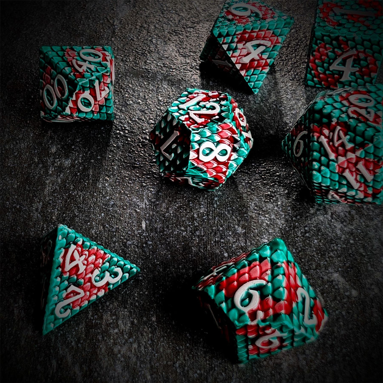 Green & Red Dragon Scale Metal - 7pcs RPG Dice Set