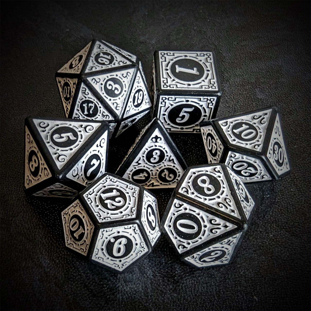 White Lattice on Black Acrylic - 7pcs RPG Full Dice Set Top