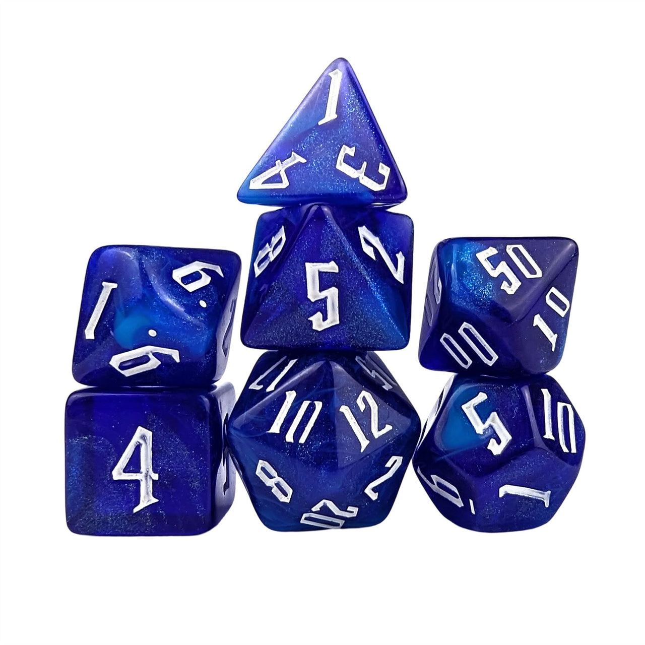 Glitter in Royal Blue & White Acrylic - 7pcs RPG Full Dice Set White Stack