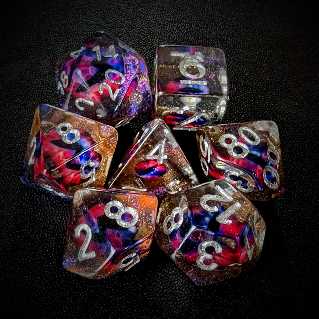 Demon Eye in Clear & Orange & Blue Resin - 7pcs RPG Full Dice Set