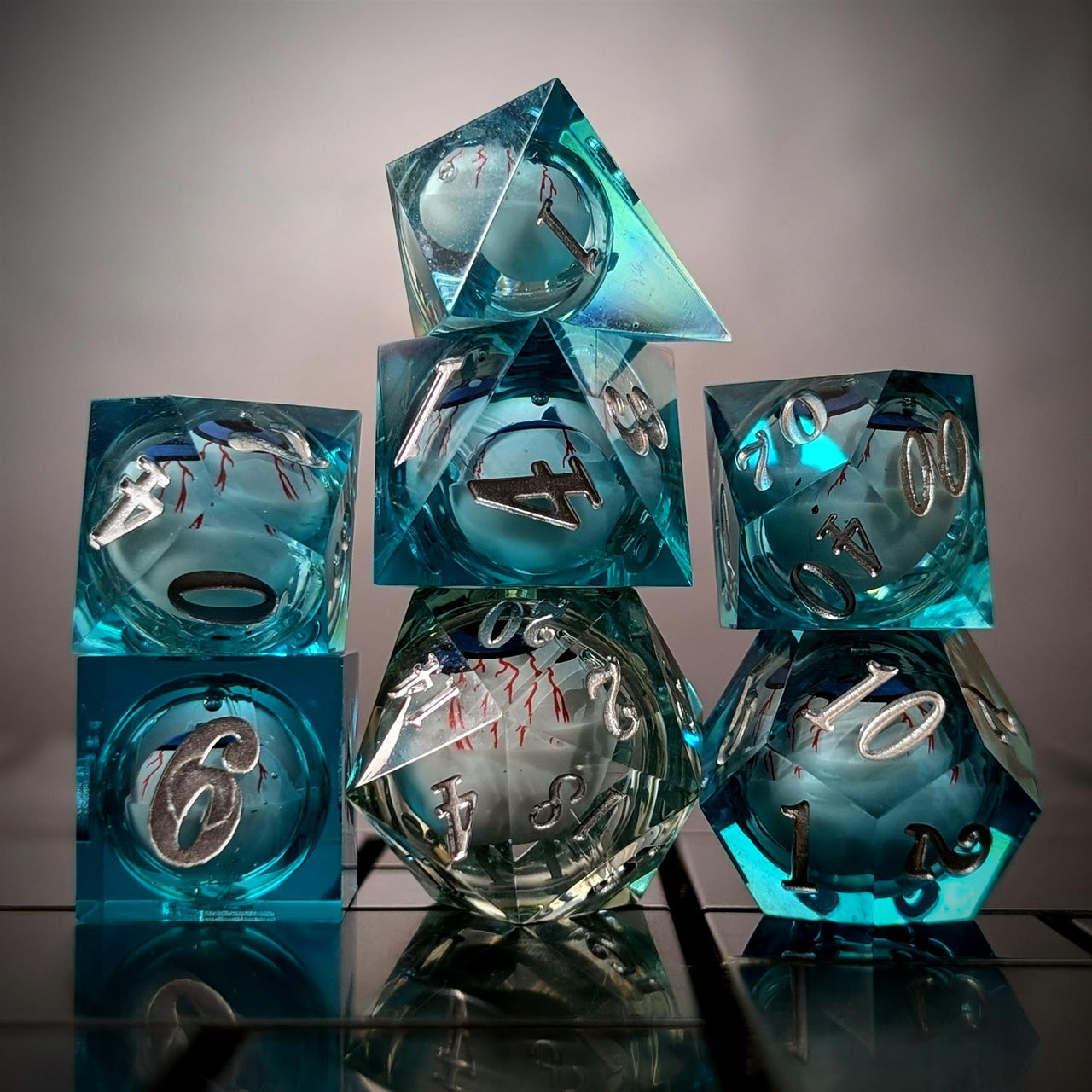Eye Ball in Clear & Blue Liquid Filled Sharp Resin - 7pcs RPG Dice Set