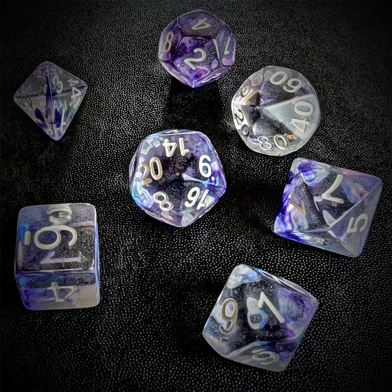 Purple & Blue Swirl in Clear Resin - 7pcs RPG Full Dice Set