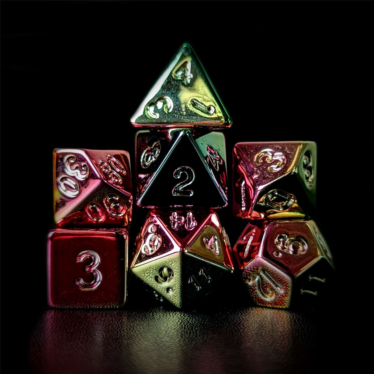 Yellow, Pink & Green Metallic Acrylic - 7pcs RPG Dice Set