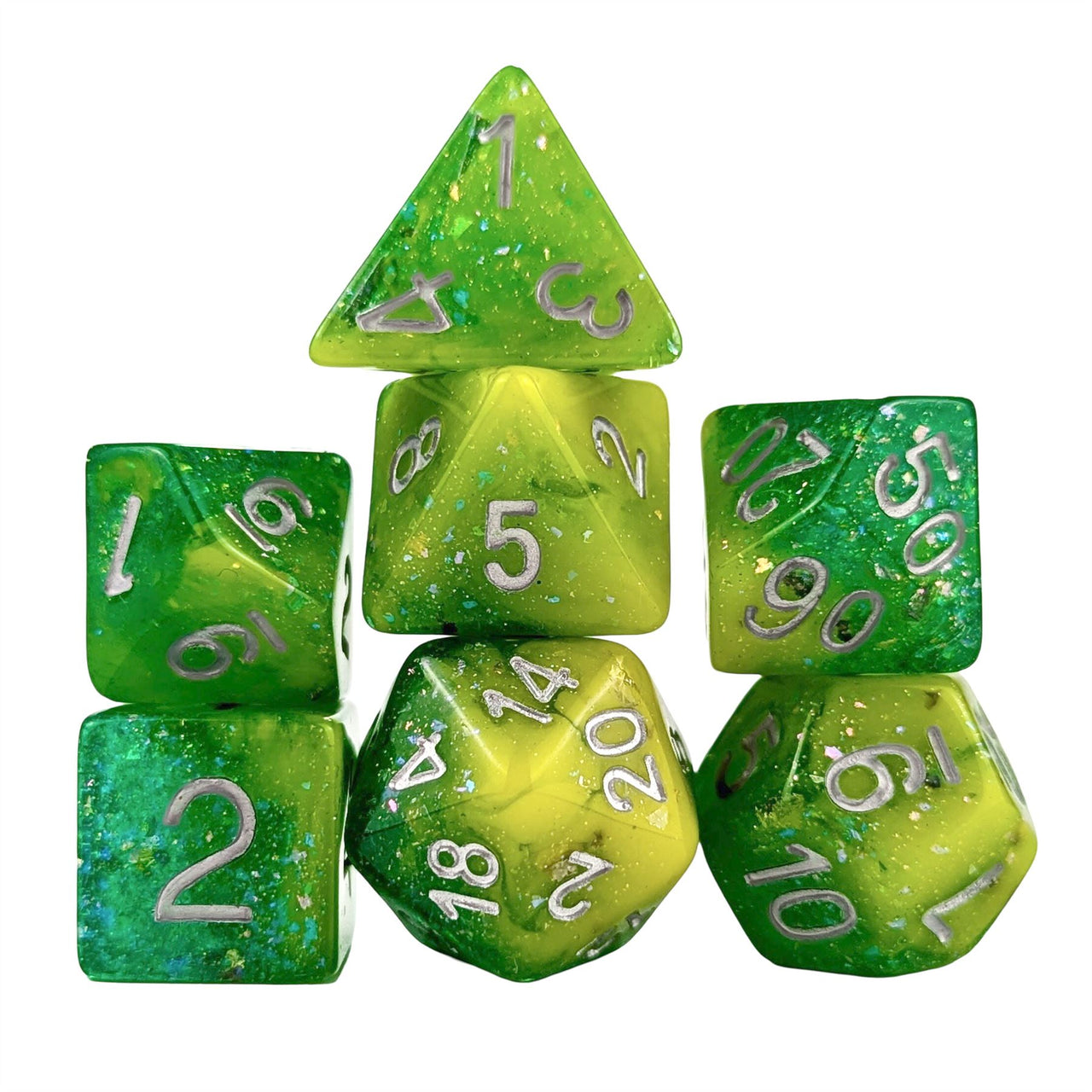 Glitter in Yellow & Green Resin - 7pcs RPG Full Dice Set