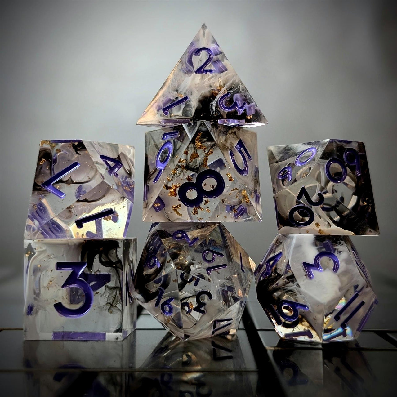 Purple Swirl in Black, White & Clear with Gold Foil Sharp Resin - 7pcs RPG Dice Set