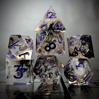 Thumbnail for Purple Swirl in Black, White & Clear with Gold Foil Sharp Resin - 7pcs RPG Dice Set
