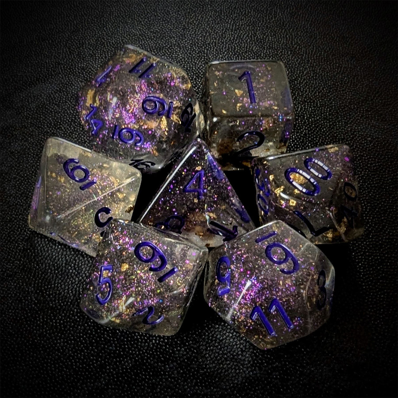 Gold Foil in Clear & Grey Resin - 7pcs RPG Full Dice Set