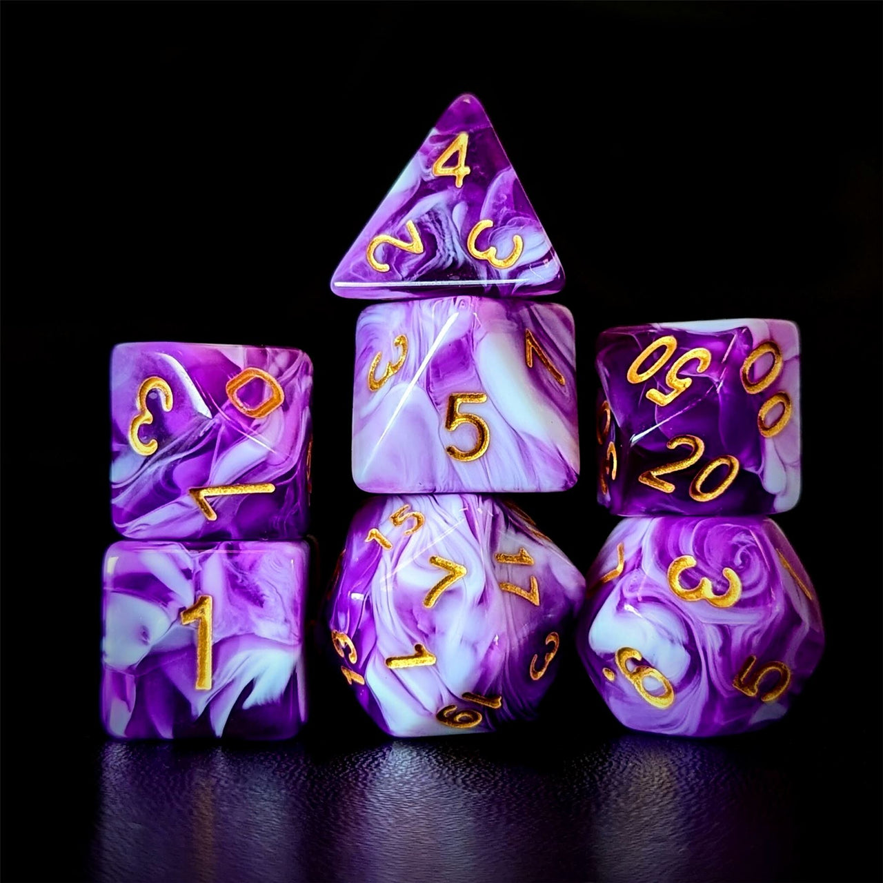 Blend of Purple & White Acrylic - 7pcs RPG Full Dice Set Dark Stack