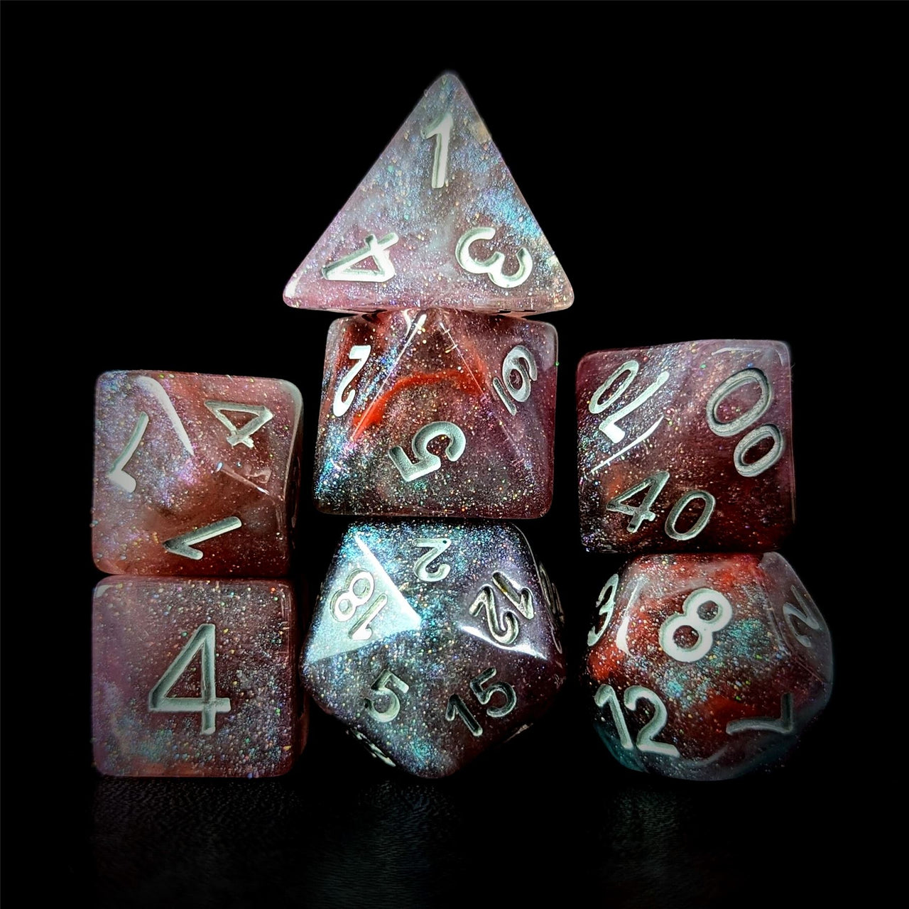 Glitter in Red & White Resin - 7pcs RPG Full Dice Set