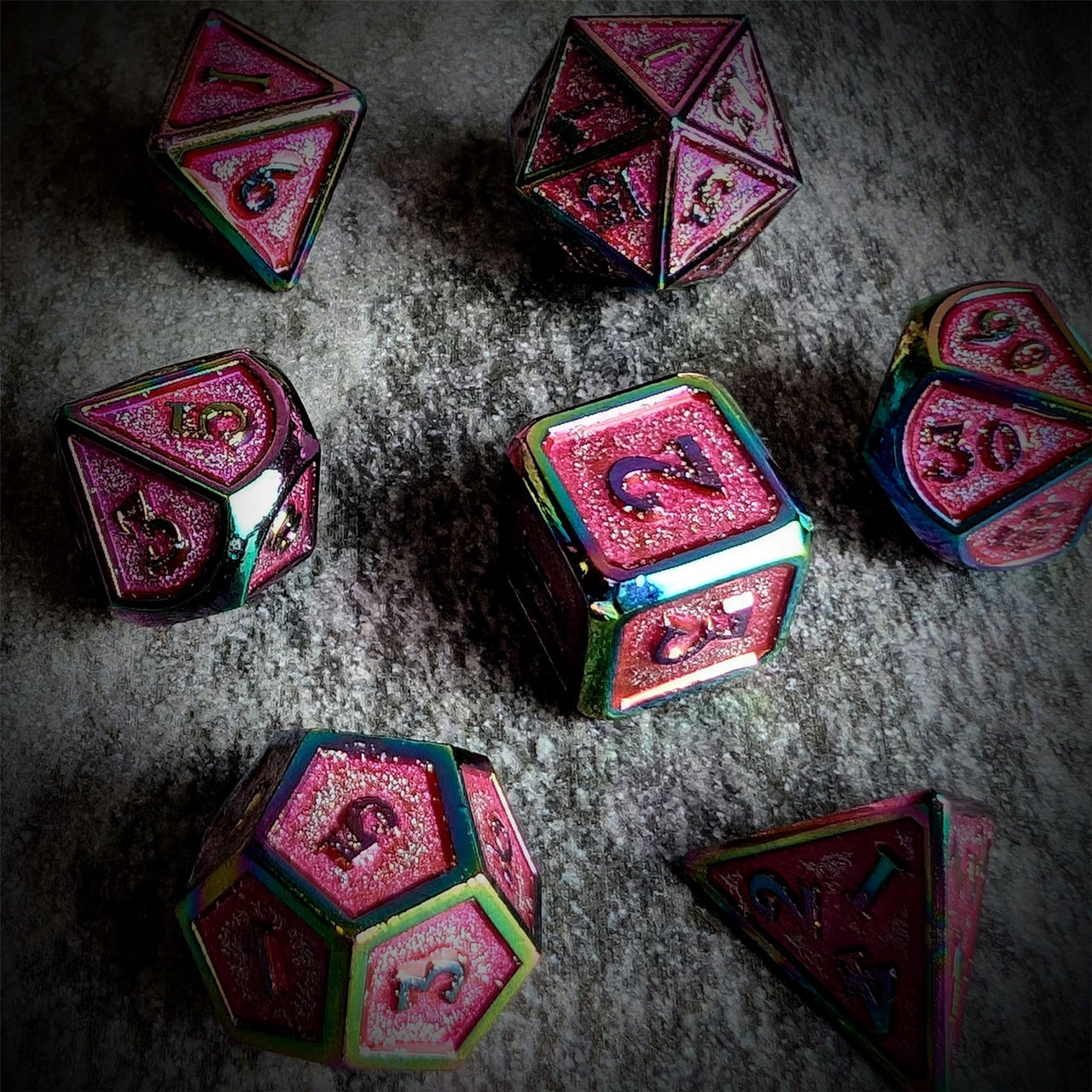 Glitter Pink Enamel in Rainbow Metal - 7pcs RPG Dice Set