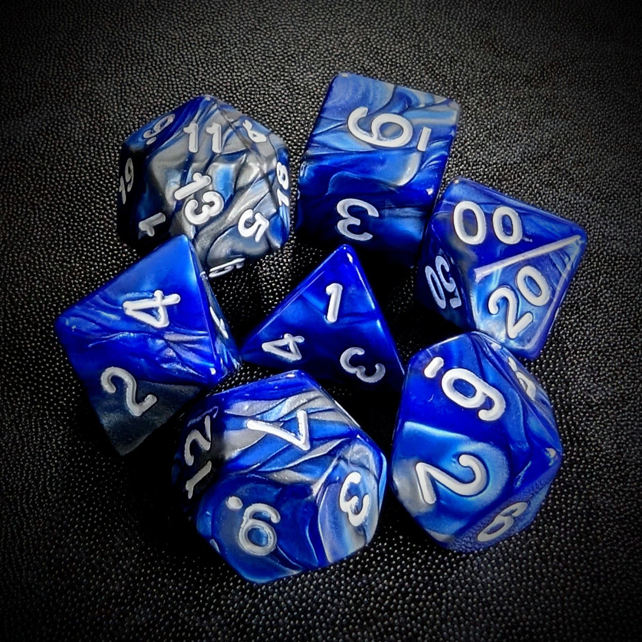 Blend of Silver & Royal Blue Acrylic - 7pcs RPG Full Dice Set Top