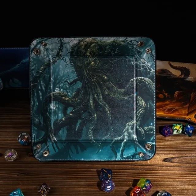 Cthulu on Grey PU Leather - Square Hard Dice Tray