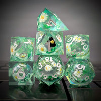 Thumbnail for 7pcs Dice Sharp Filled Liquid Daisy White Font Green Clear