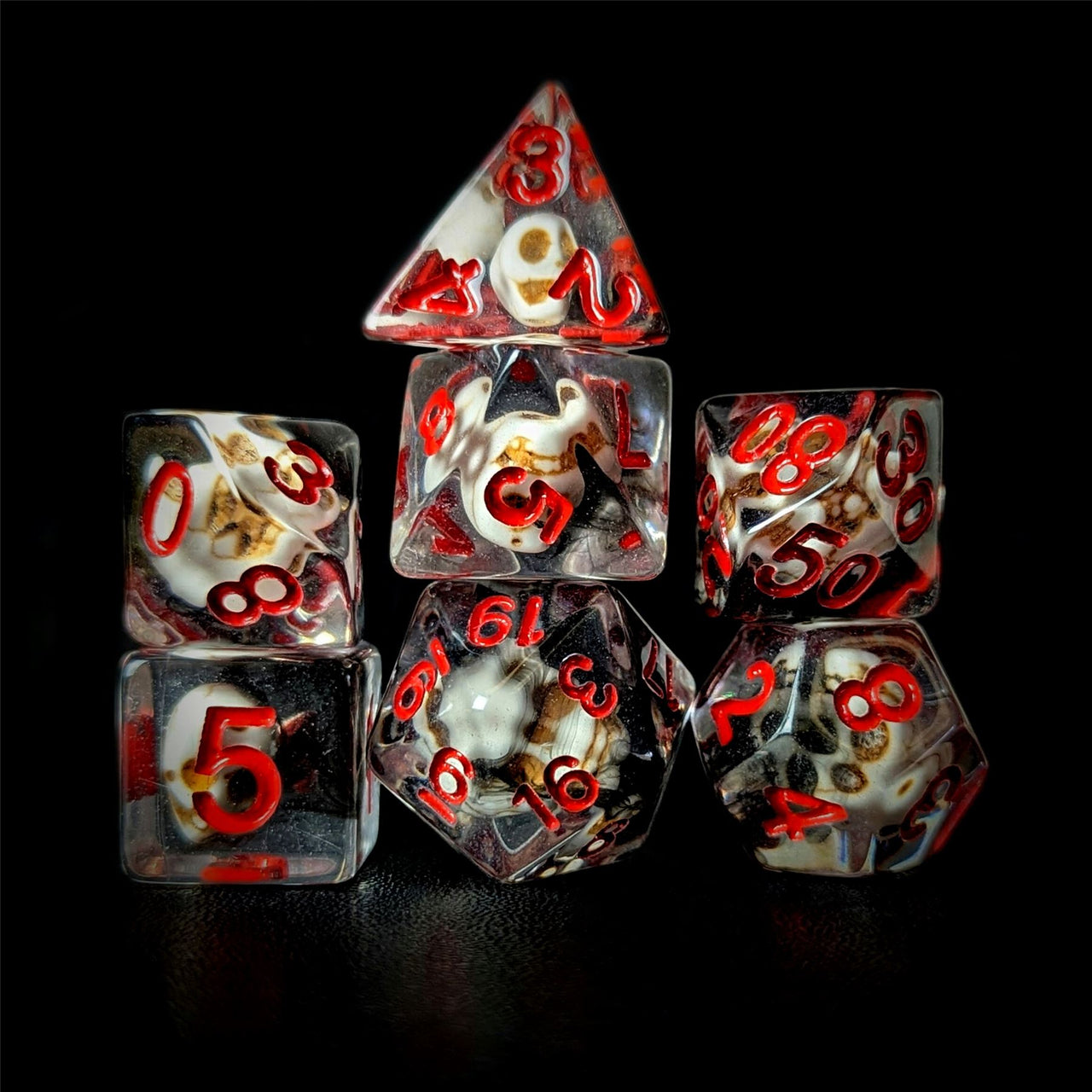 Skull in Clear & Black Resin - 7pcs RPG Full Dice Set