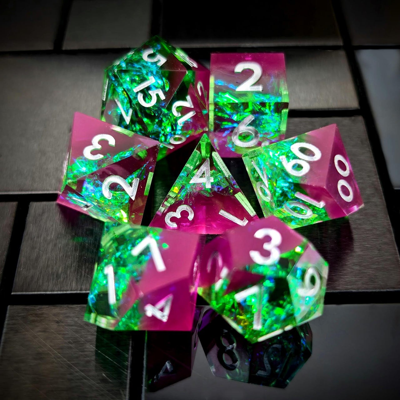Candy in Purple & Green Sharp Resin - 7pcs RPG Dice Set