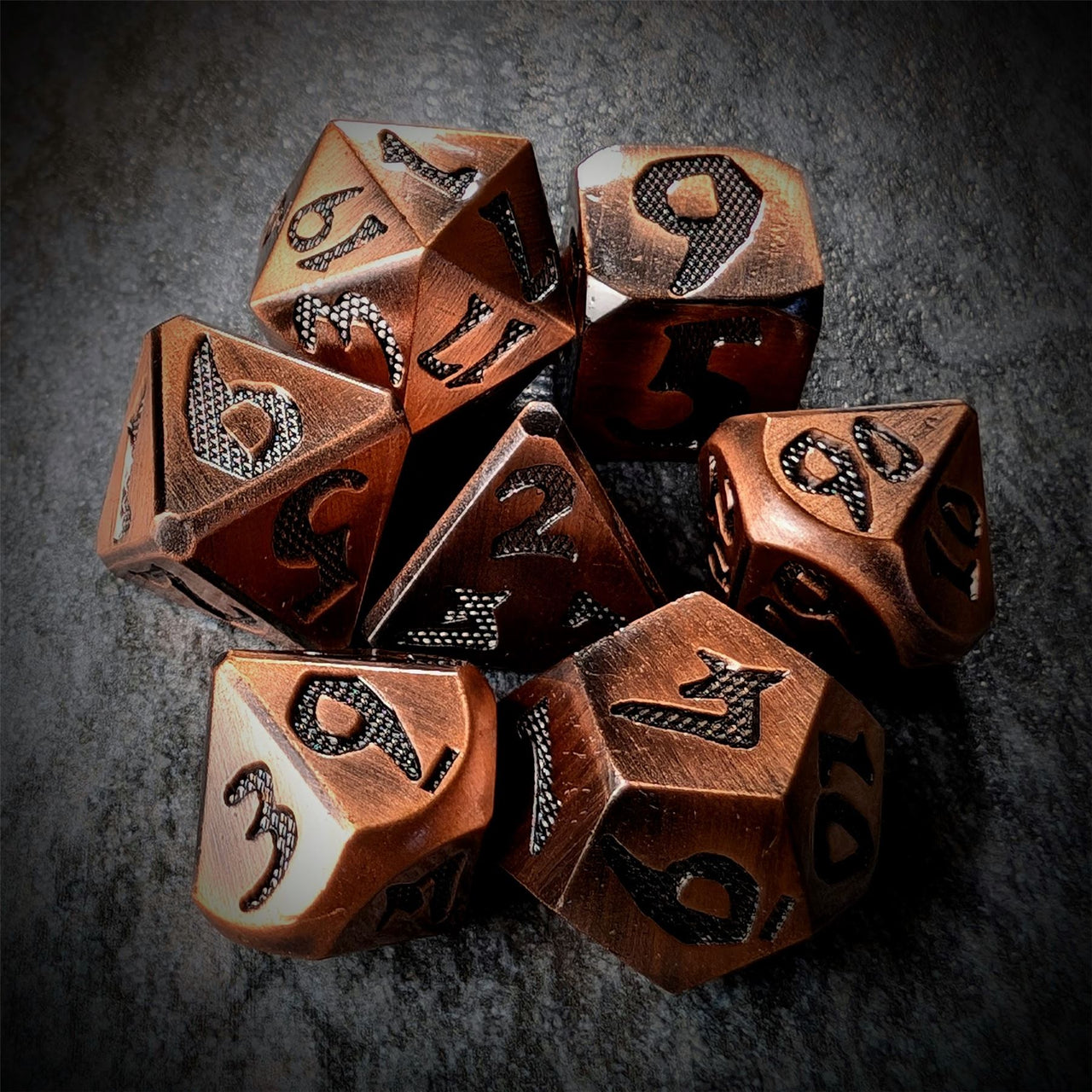 Black Font in Copper Metal - 7pcs RPG Dice Set