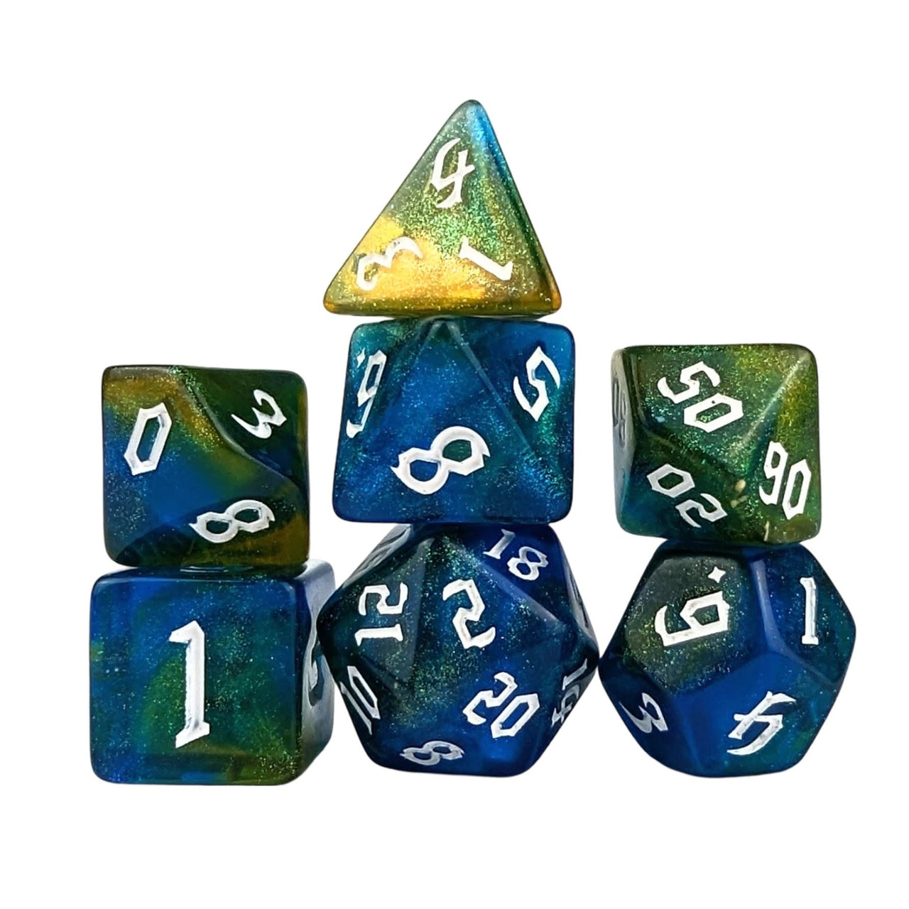 Glitter in Blue & Yellow Acrylic - 7pcs RPG Full Dice Set White Stack