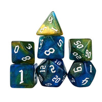 Thumbnail for Glitter in Blue & Yellow Acrylic - 7pcs RPG Full Dice Set White Stack