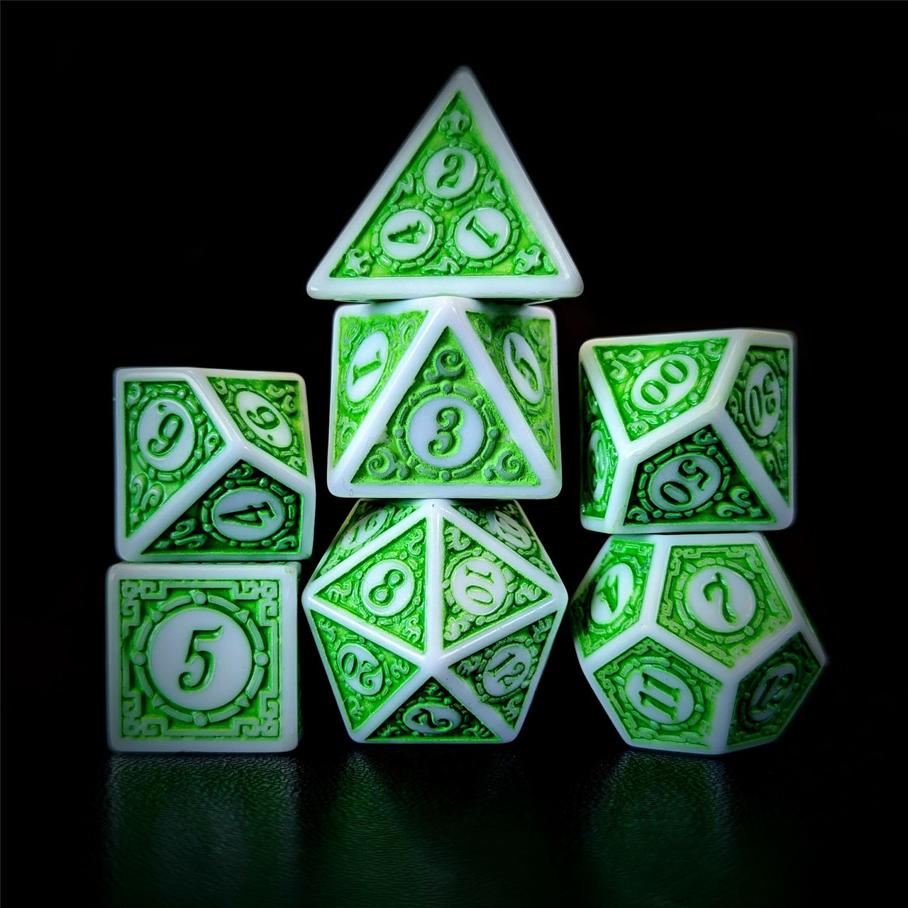 Green Lattice on White Acrylic - 7pcs RPG Full Dice Set