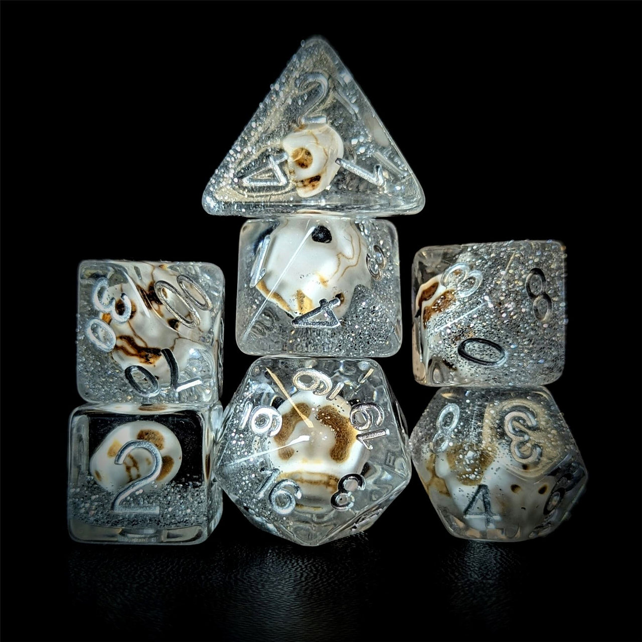 Skull & Silver Glitter in Clear Resin - 7pcs RPG Full Dice Set