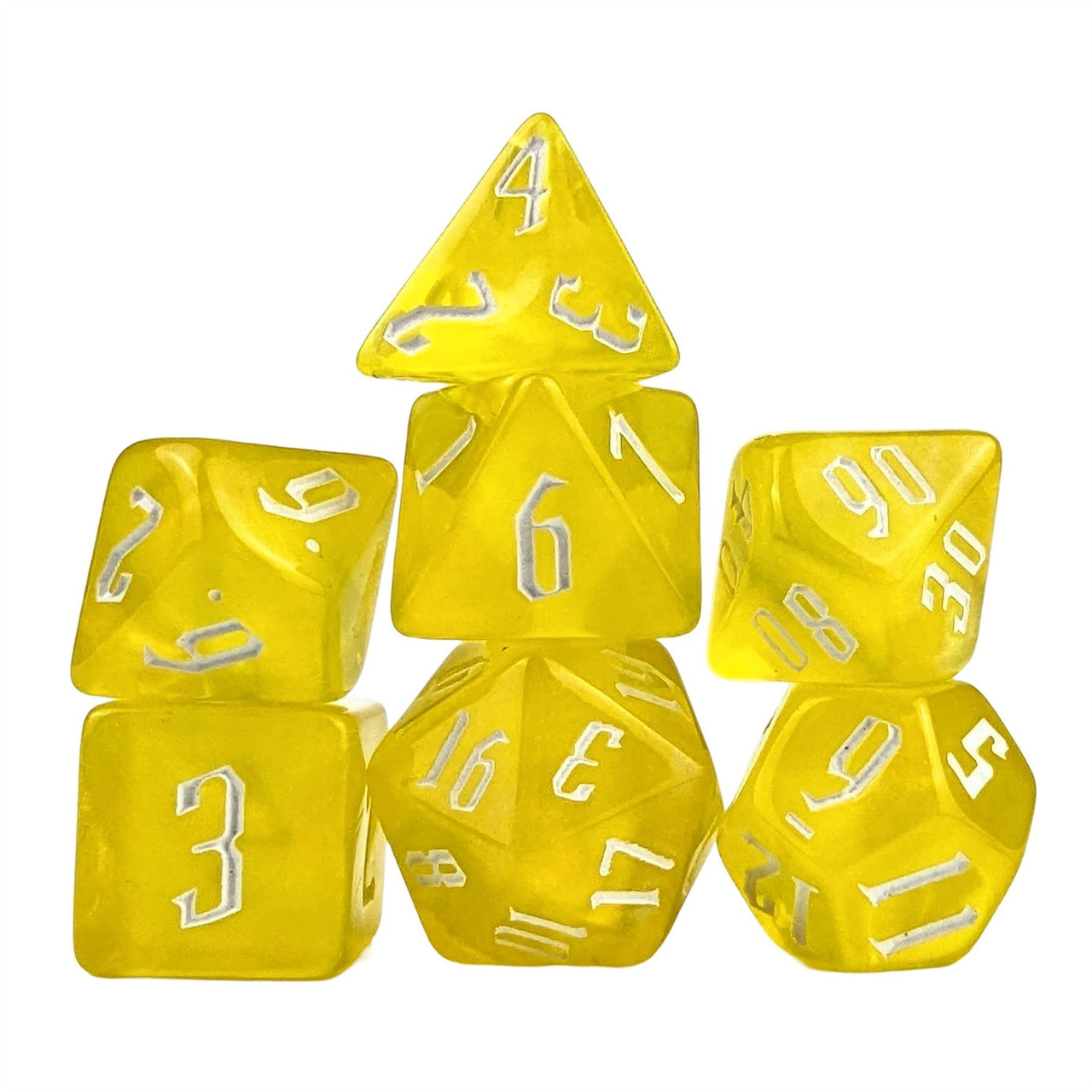 Glitter in Clear Yellow Acrylic - 7pcs RPG Full Dice Set White Stack