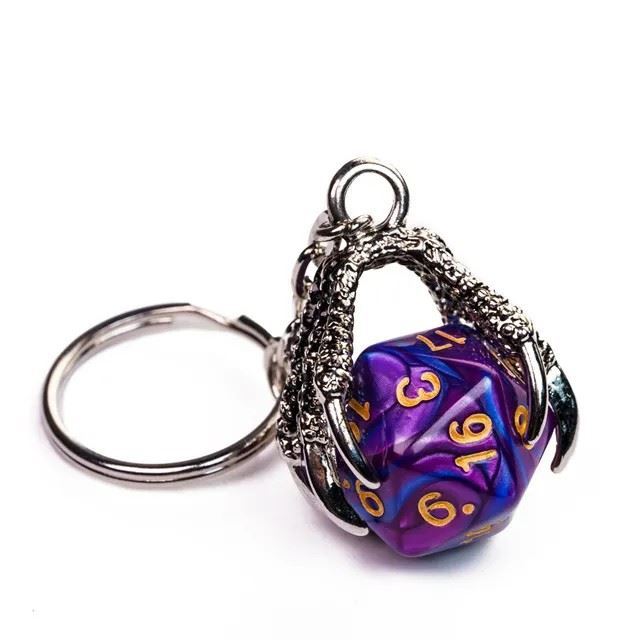 Purple & Blue Acrylic in  Silver Metal Claw - D20 Keyring