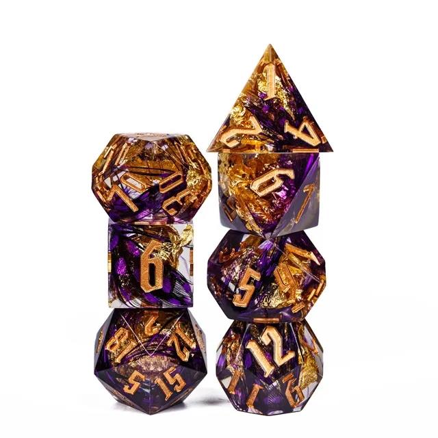 Foil Feather Black, Purple & Clear Filled Sharp Resin - 7pcs RPG Dice Set