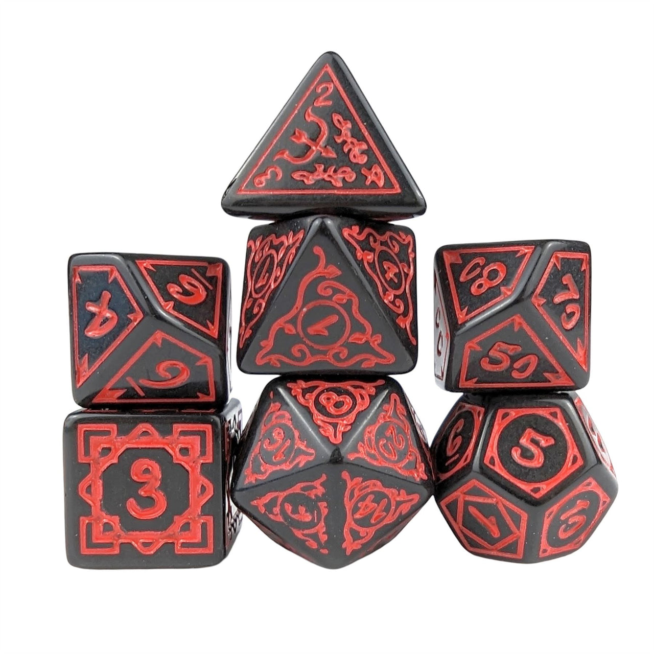 Red Vines on Black Acrylic - 7pcs RPG Full Dice Set