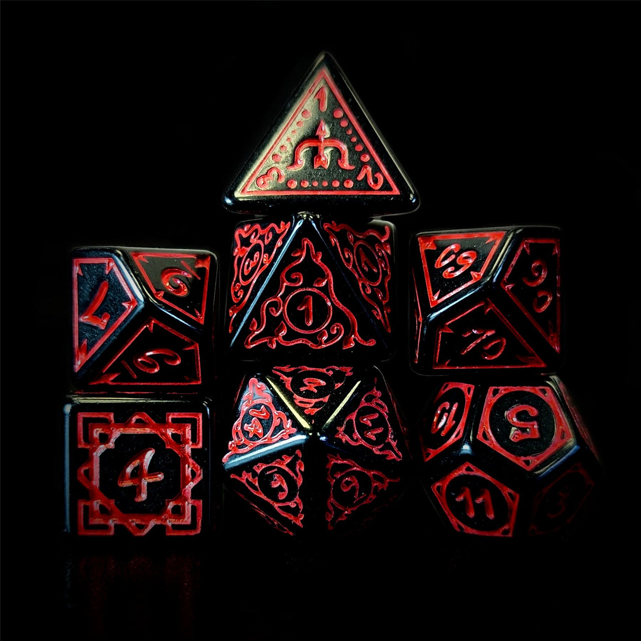 Red Vines on Black Acrylic - 7pcs RPG Full Dice Set